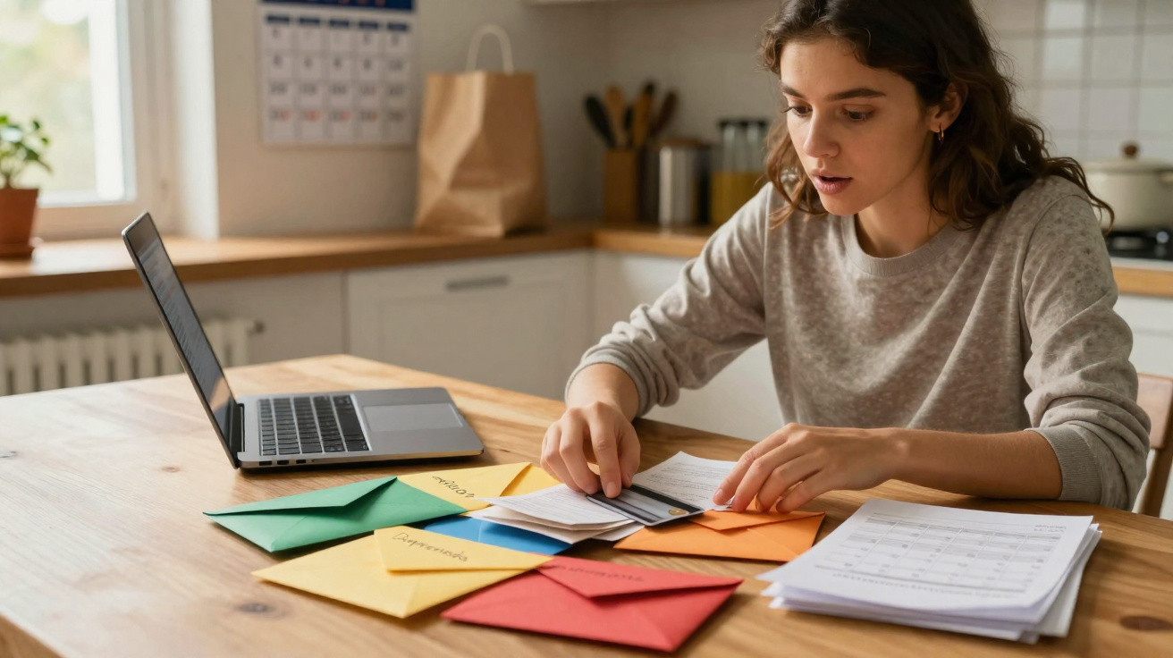 Mulher a organizar faturas e envelopes coloridos numa mesa, com portátil e documentos ao lado.