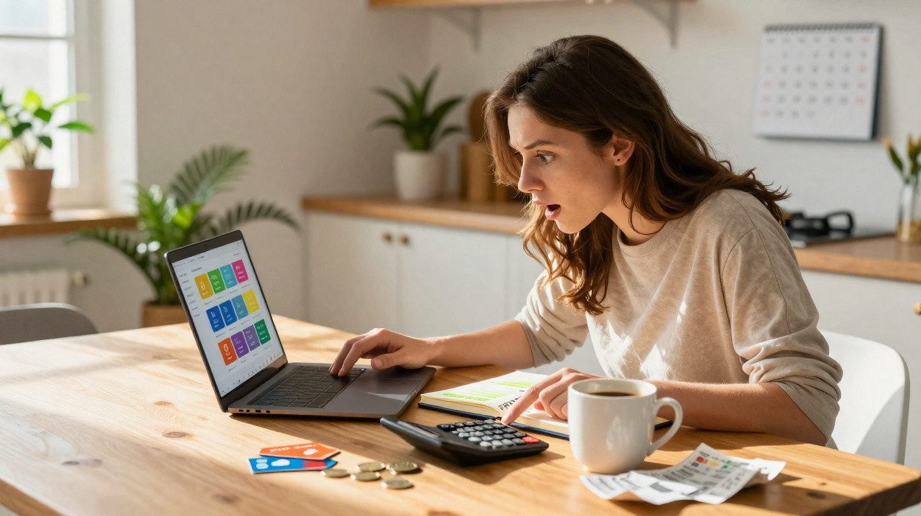 Mulher surpreendida a usar laptop numa mesa com calculadora, moedas, cartões e chávena de café.