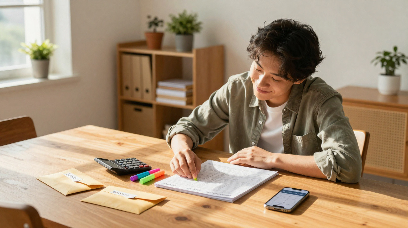 Pessoa jovem sentada à mesa a analisar documentos com envelope e telemóvel num ambiente luminoso e organizado.