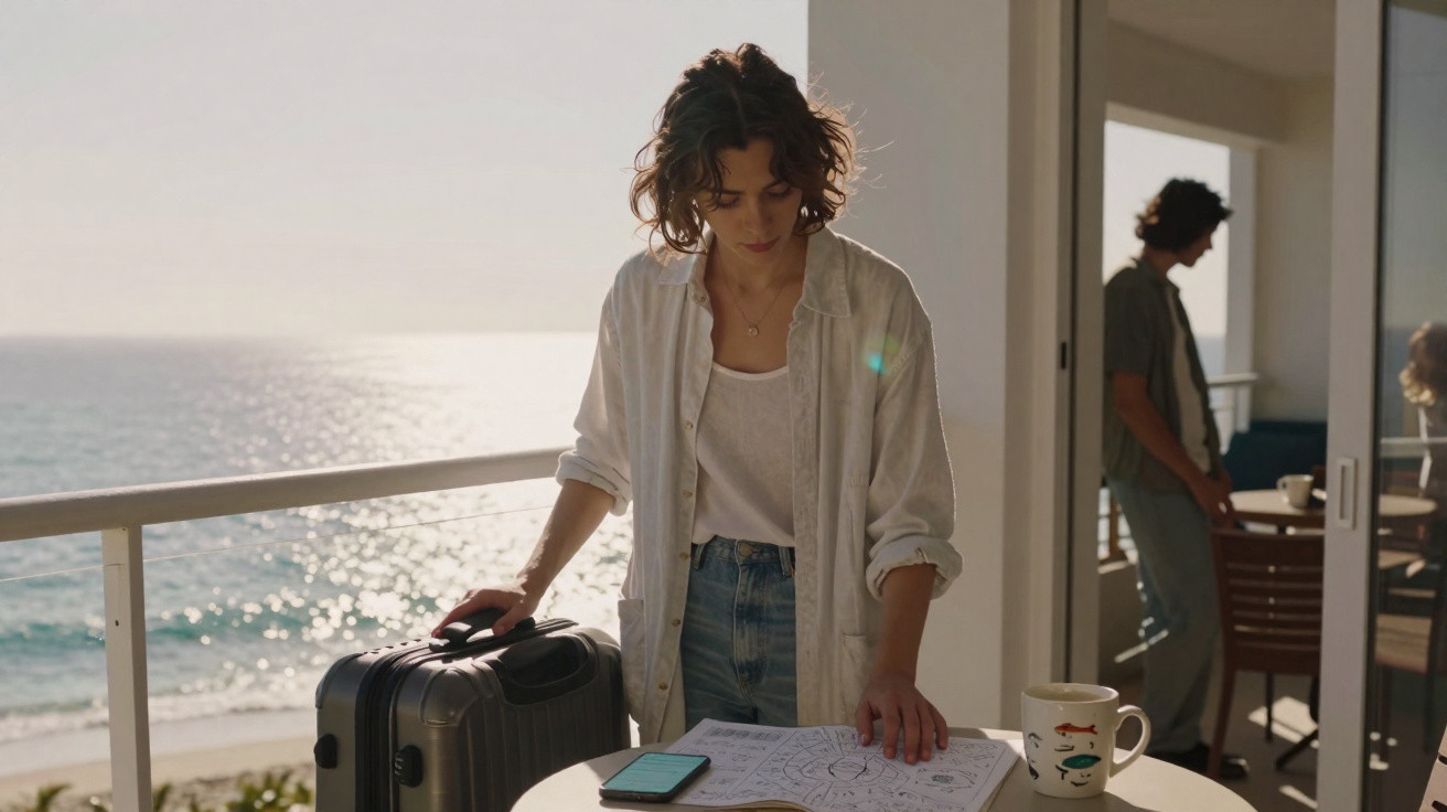 Mulher com roupa clara consulta mapa na varanda com mala e vista para o mar ao fundo ao pôr do sol.