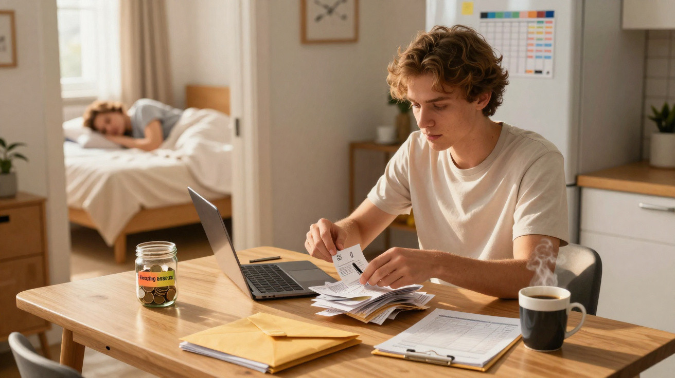 Homem jovem a organizar contas numa mesa com computador e café, enquanto mulher dorme no quarto ao fundo.