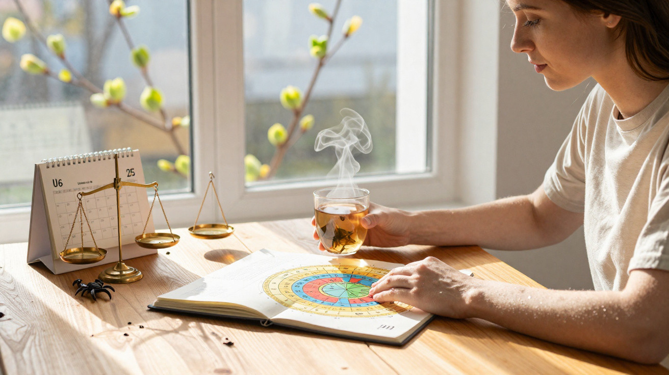 Mulher a segurar chá quente e a ler um livro com gráfico colorido numa mesa com balança dourada e calendário.