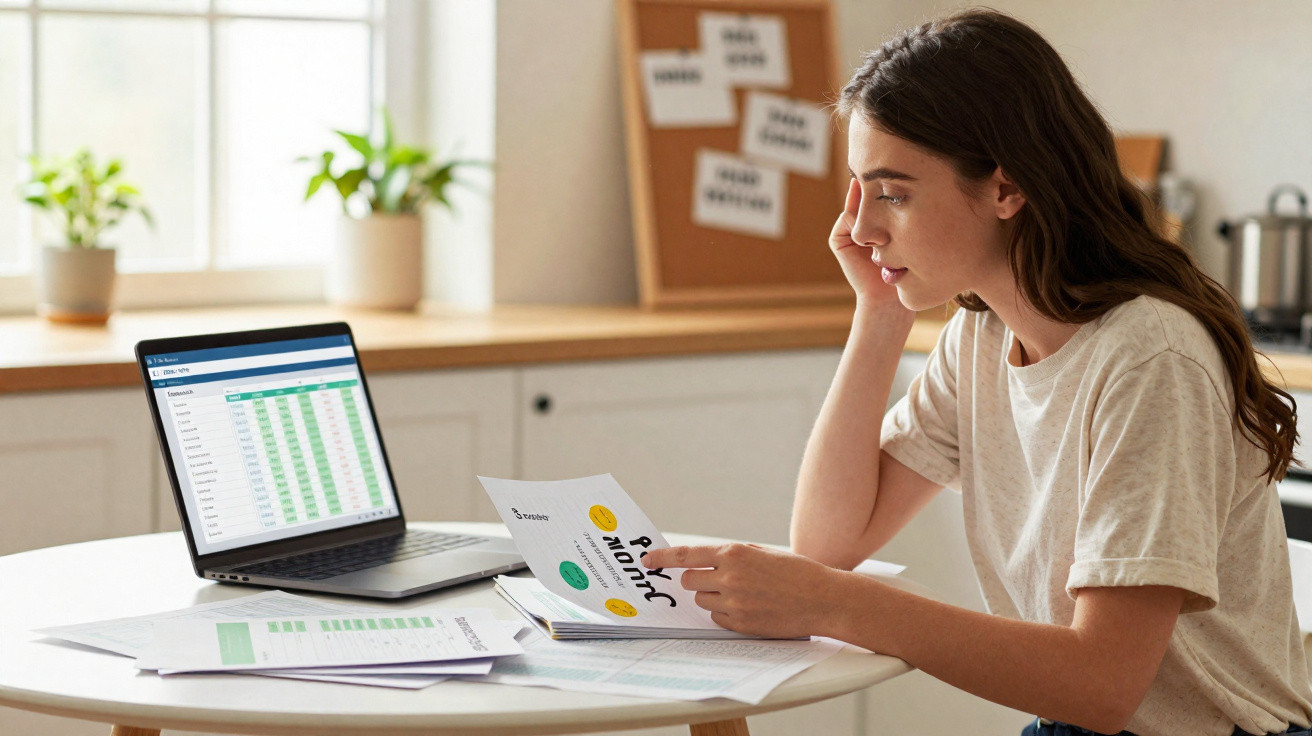 Mulher sentada à mesa a analisar documentos e informações financeiras no computador portátil na cozinha.
