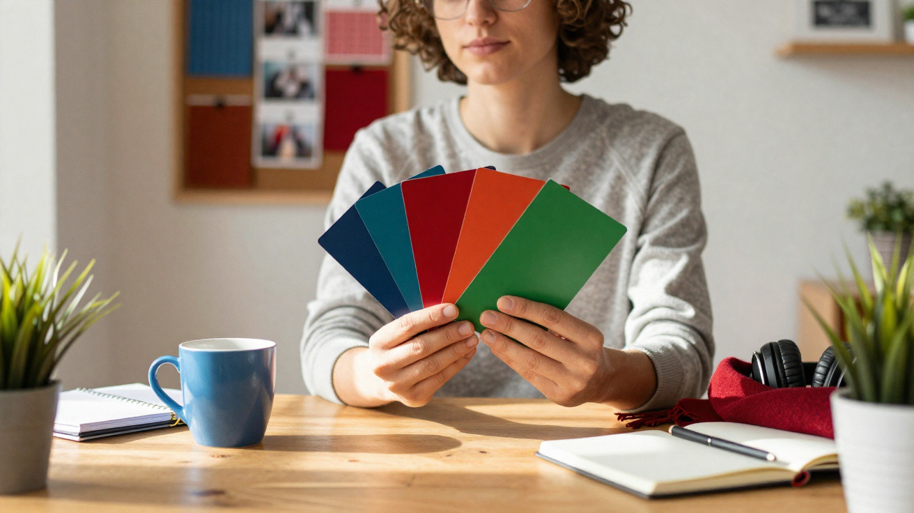 Pessoa segurando amostras de cores em cartões retangulares sentada numa mesa com objetos de escritório.