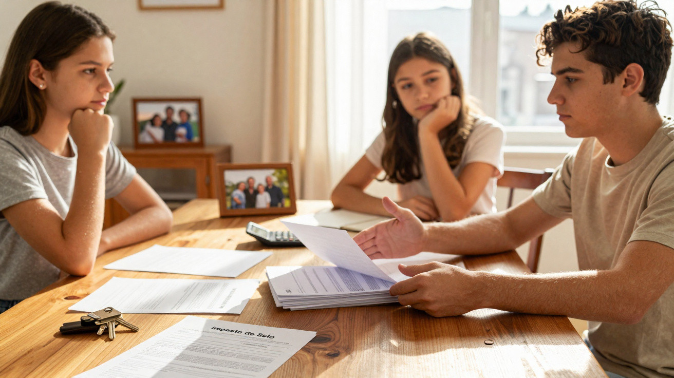 Três jovens sentados à mesa com documentos sobre impostos, concentrados numa discussão séria.