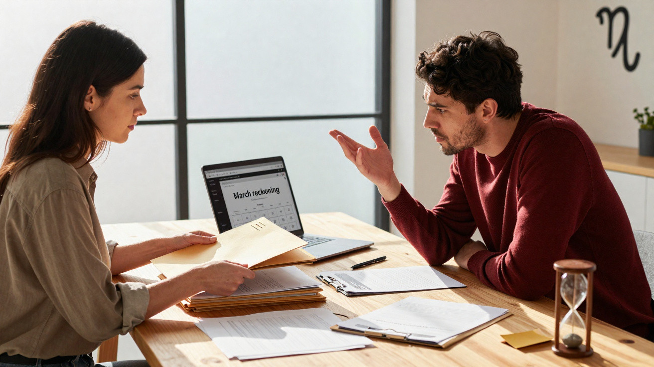 Duas pessoas em reunião de trabalho, analisando papéis e dados num computador portátil numa mesa de escritório.