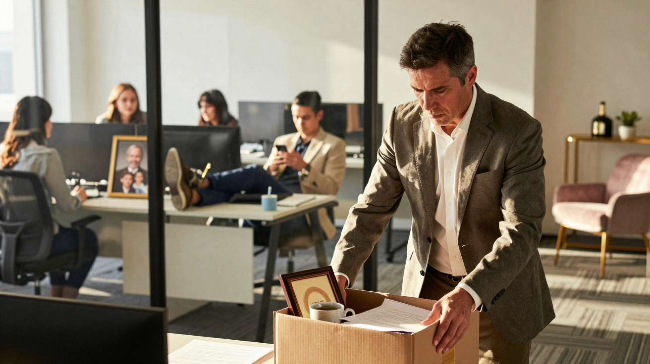 Homem desempregado a embalar pertences num escritório com colegas a trabalhar ao fundo.