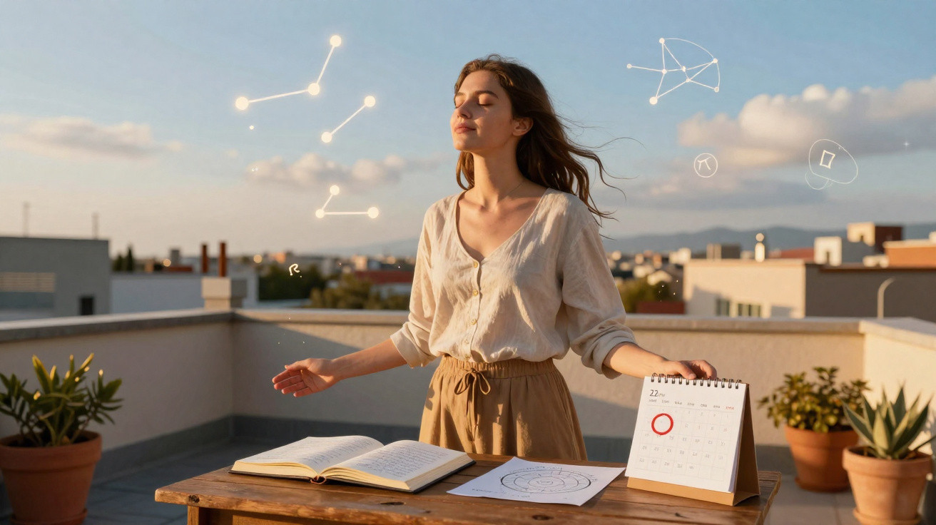 Mulher de olhos fechados em terraço, rodeada por livros e calendário, com constelações desenhadas no ar ao pôr do sol.