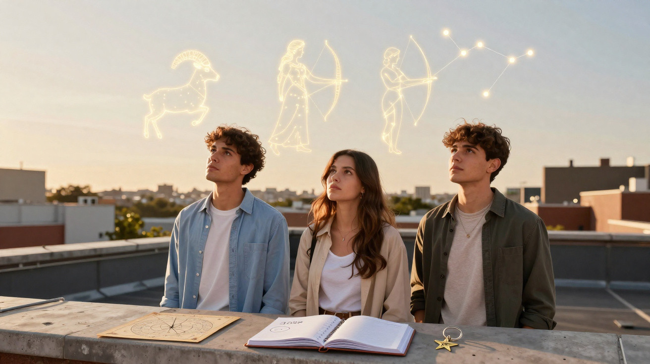 Três jovens observam constelações zodiacais enquanto estudam astrologia ao ar livre ao pôr do sol.