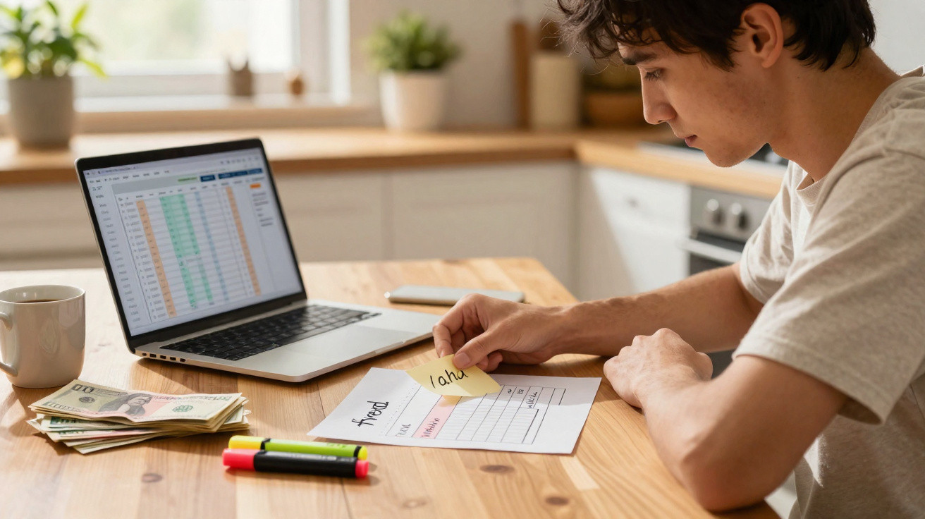 Homem jovem a analisar finanças, com computador portátil, notas de dinheiro e papel com orçamento numa cozinha.