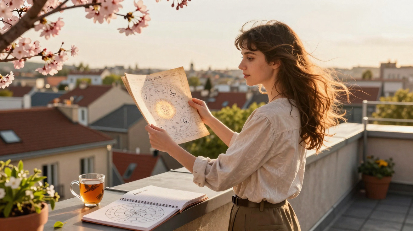 Mulher jovem lendo mapa astral ao pôr do sol numa varanda com flores e chá.