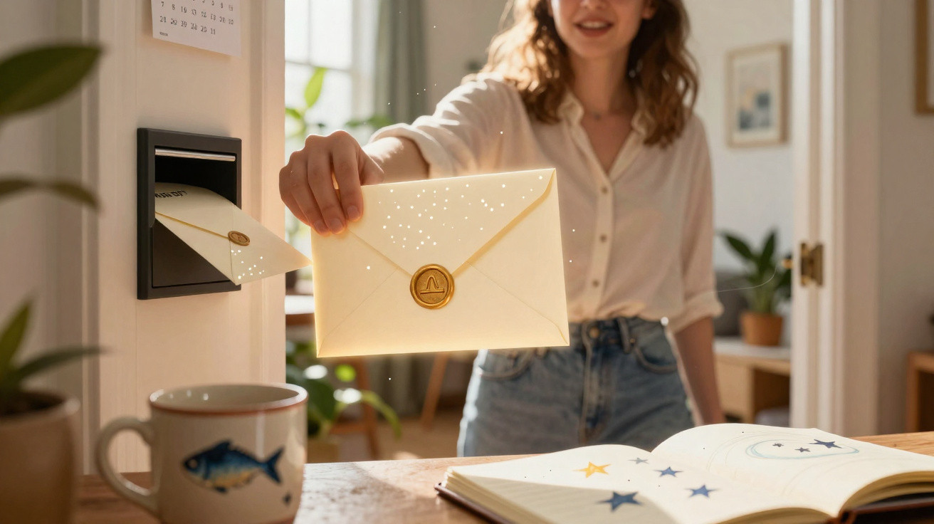 Mulher a colocar carta com selo dourado numa caixa de correio interior iluminada por luz natural.