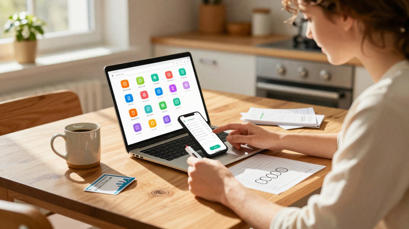 Pessoa a trabalhar em laptop e smartphone com gráficos e documentos numa mesa de madeira numa cozinha iluminada.