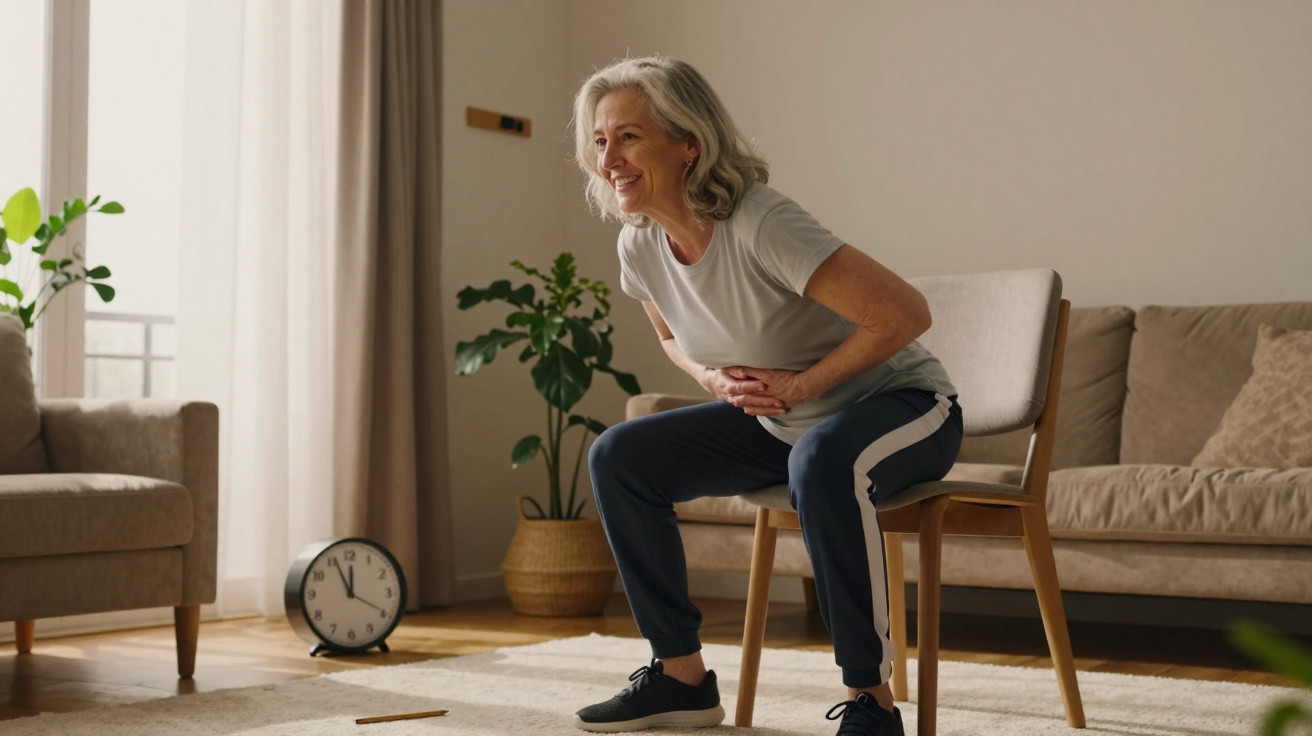 Mulher sénior sorridente a fazer exercícios sentada numa cadeira na sala de estar iluminada.