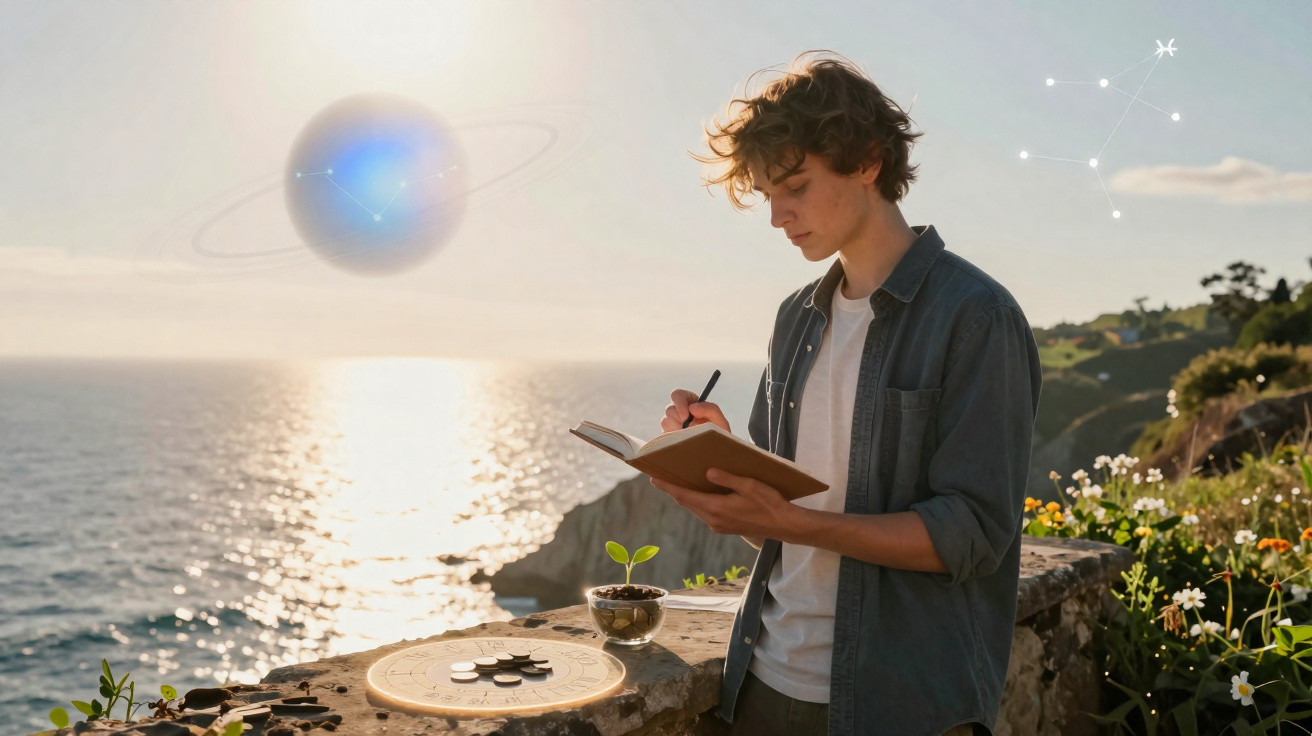 Jovem escreve num caderno ao pôr do sol junto ao mar, com plantas e símbolos astrológicos à sua volta.
