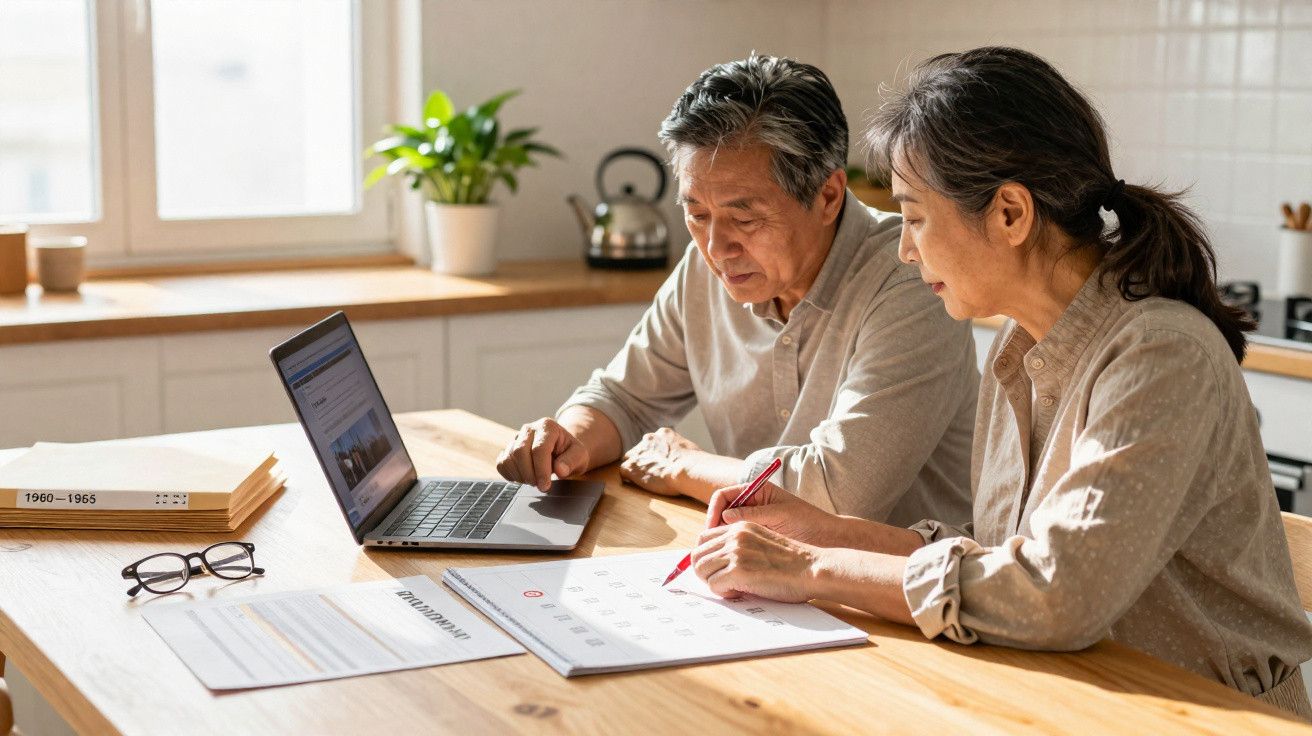 Casal sénior a planear no calendário enquanto consulta laptop numa cozinha luminosa.