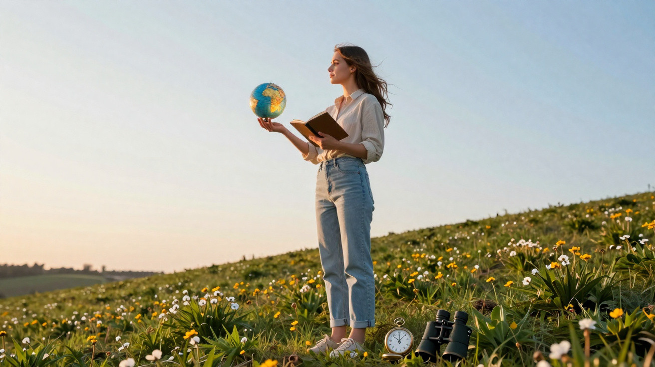 Mulher jovem de pé numa colina florida ao pôr do sol, segurando um globo e um livro aberto.
