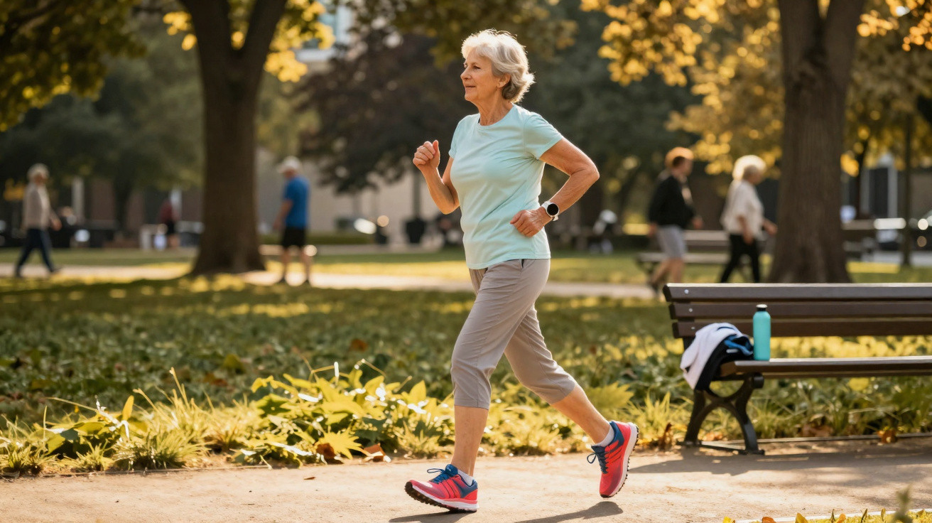 Mulher sénior a correr num parque ensolarado com árvores e banco ao fundo.