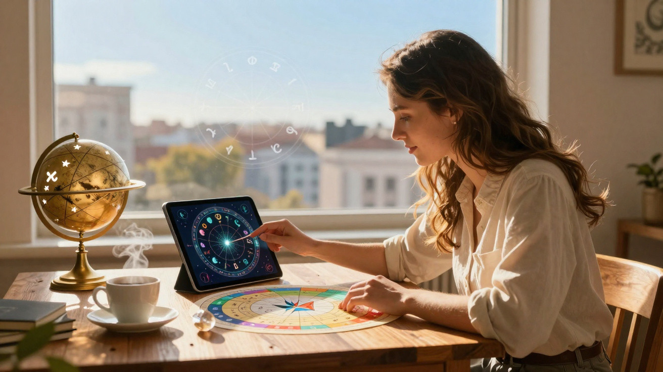 Mulher numa mesa iluminada, a usar um tablet com gráficos astrológicos e um mapa zodiacal.