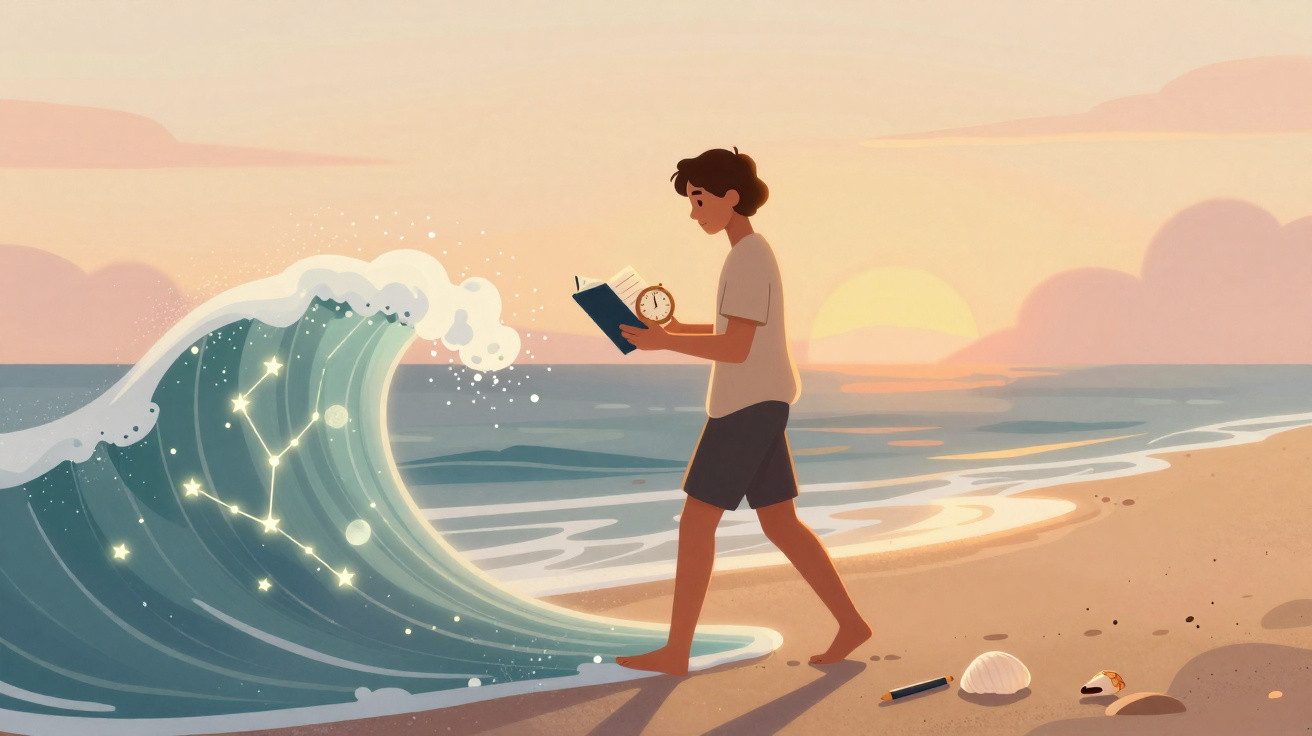 Pessoa a pé na praia ao pôr do sol, segurando um livro e um relógio, com uma onda luminosa ao lado.