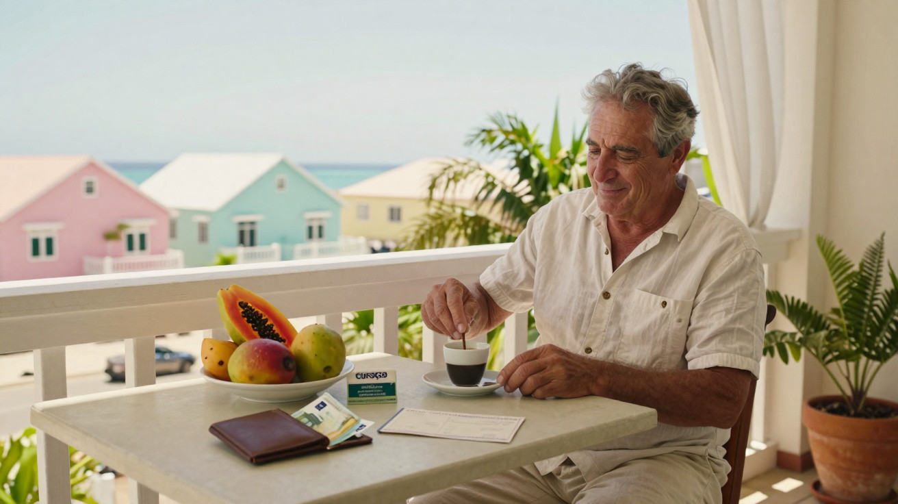 Homem sénior a saborear café numa esplanada com frutas tropicais e casas coloridas ao fundo.