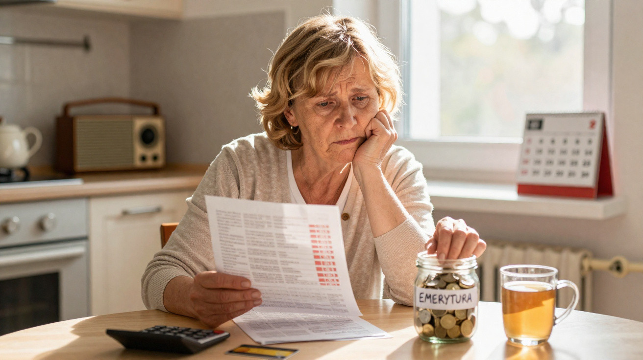 Mulher idosa preocupada a verificar contas, ao lado de frasco com moedas rotulado "Emerytura" e chá numa cozinha.