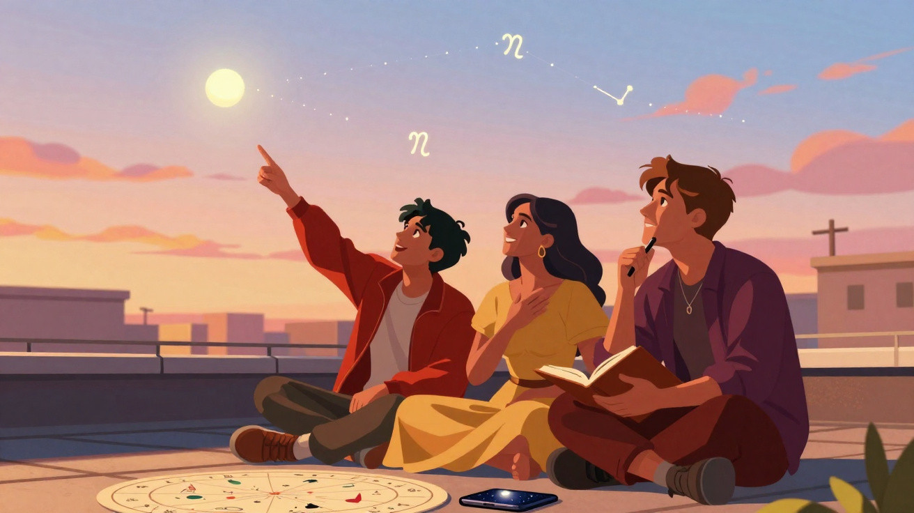 Três jovens sentados no chão observam o céu ao pôr do sol com mapas astrológicos entre eles.
