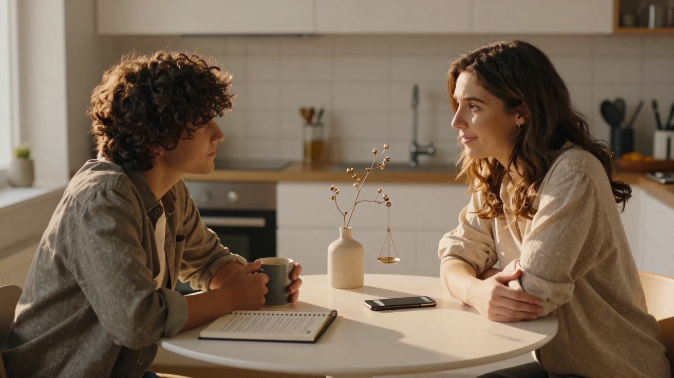 Duas pessoas sentadas à mesa de cozinha a conversar com cadernetas e uma chávena.