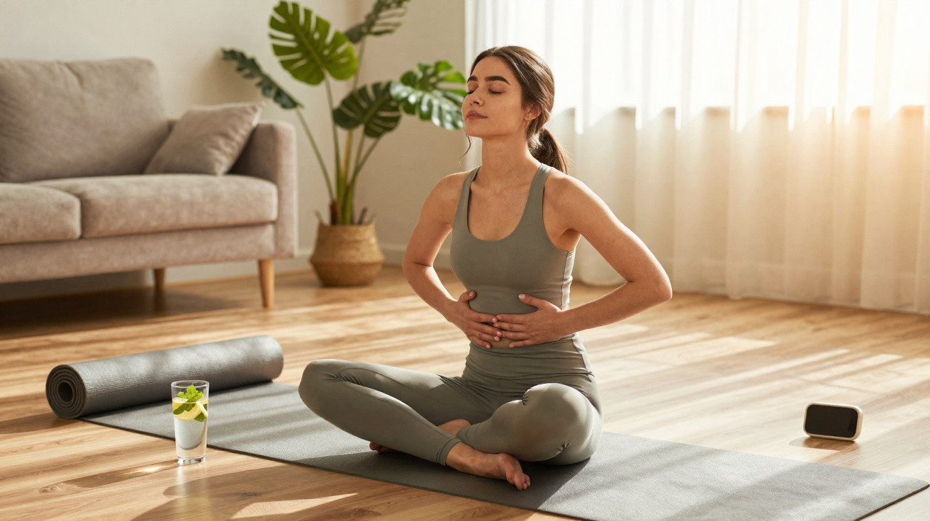 Mulher sentada em posição de lótus a meditar num tapete de yoga numa sala iluminada e arejada.