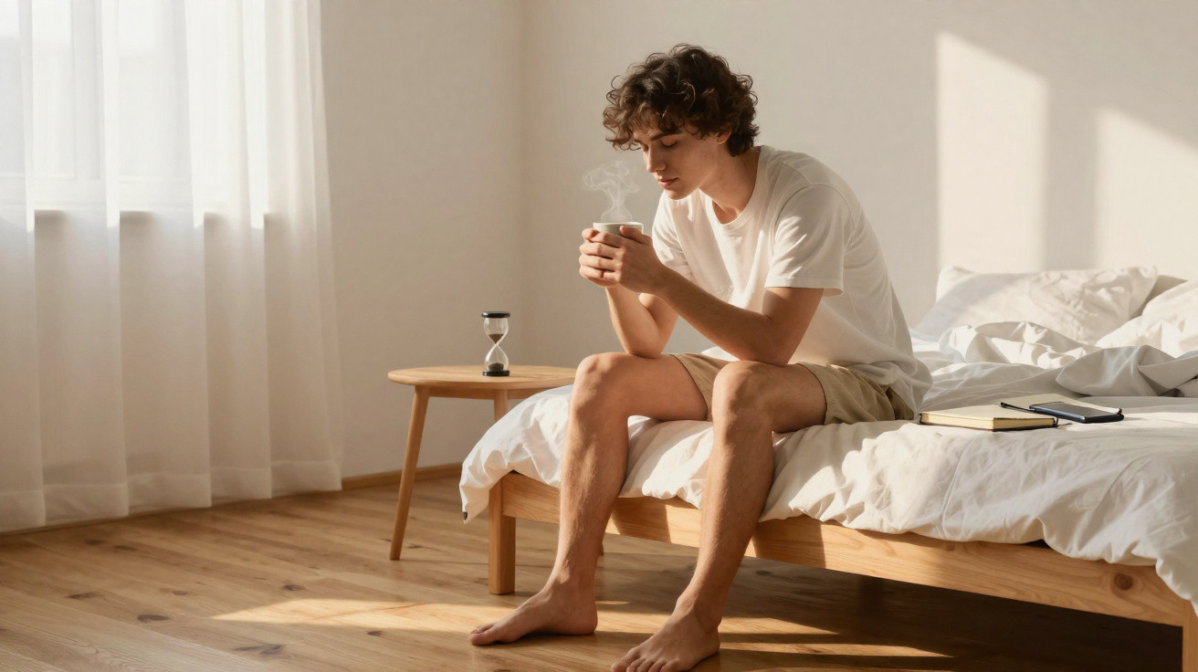 Jovem sentado na cama, segurando uma chávena com bebida quente, numa manhã iluminada pelo sol.