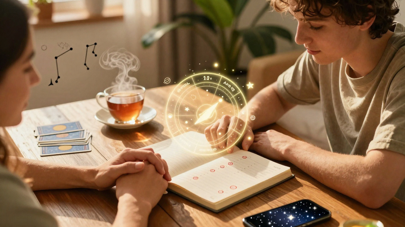 Duas pessoas a consultar horóscopo num livro com símbolos astrológicos e chá numa mesa de madeira.