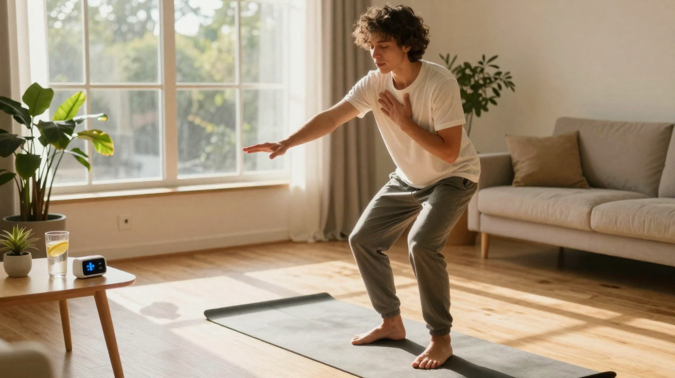 Pessoa a fazer exercício em casa numa sala iluminada, sobre tapete de yoga e perto de uma planta.