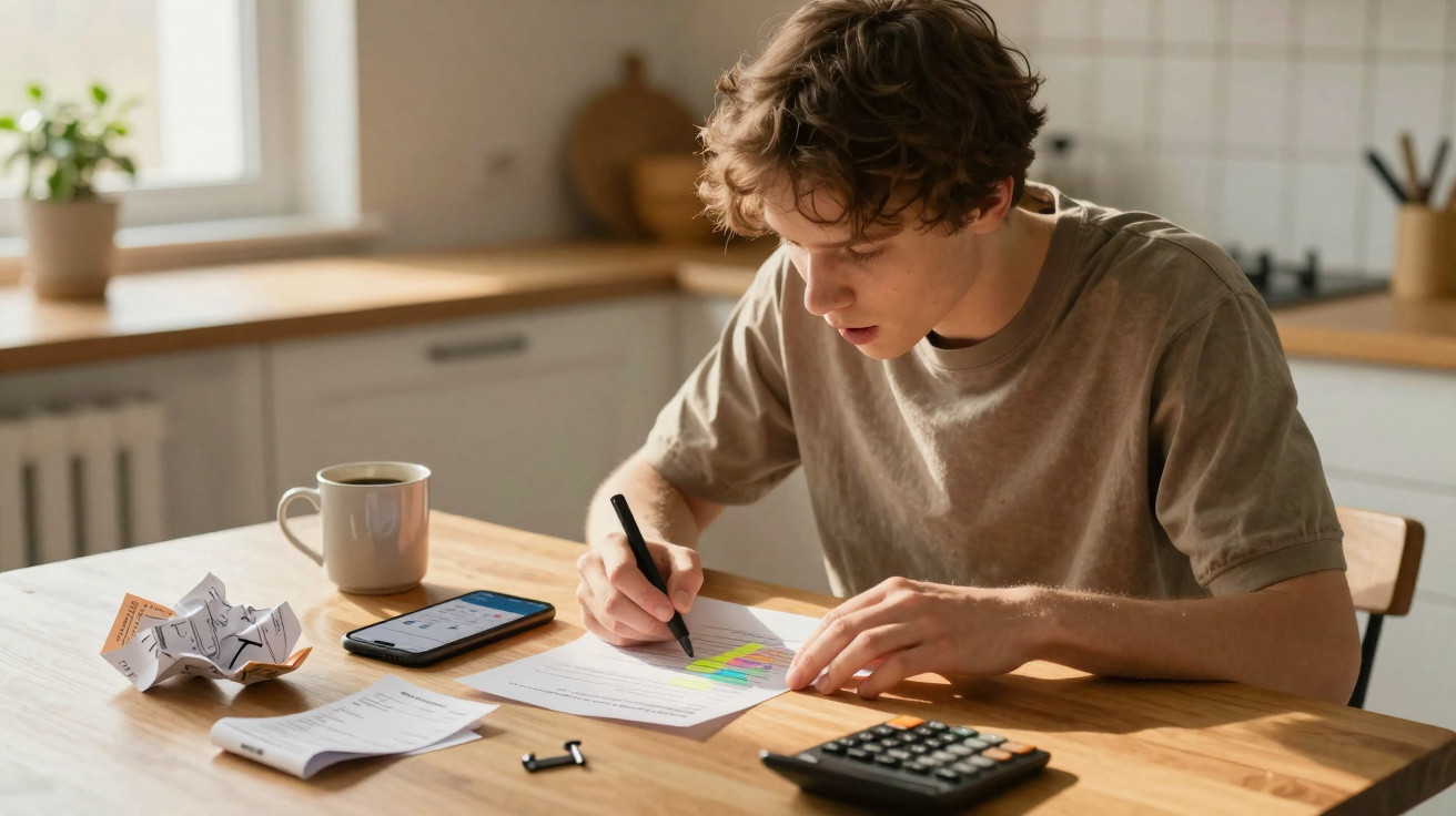Jovem a estudar com marcador, calculadora, smartphone e chá numa mesa de cozinha iluminada natural.