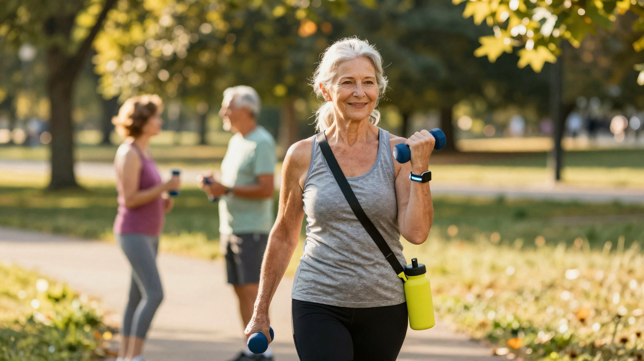 Mulher idosa a fazer exercício com halteres num parque, com duas pessoas em segundo plano.