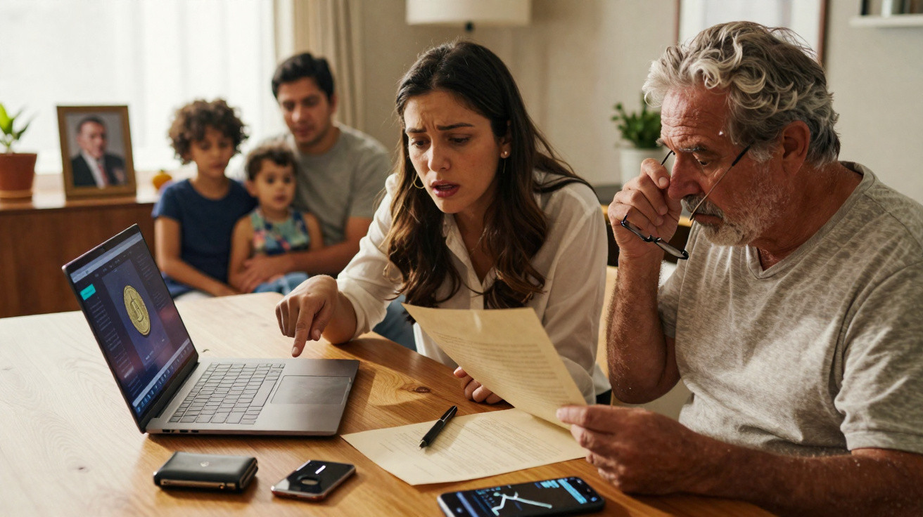 Família preocupada analisa documentos e controlo financeiro em computador portátil e telemóveis numa mesa.