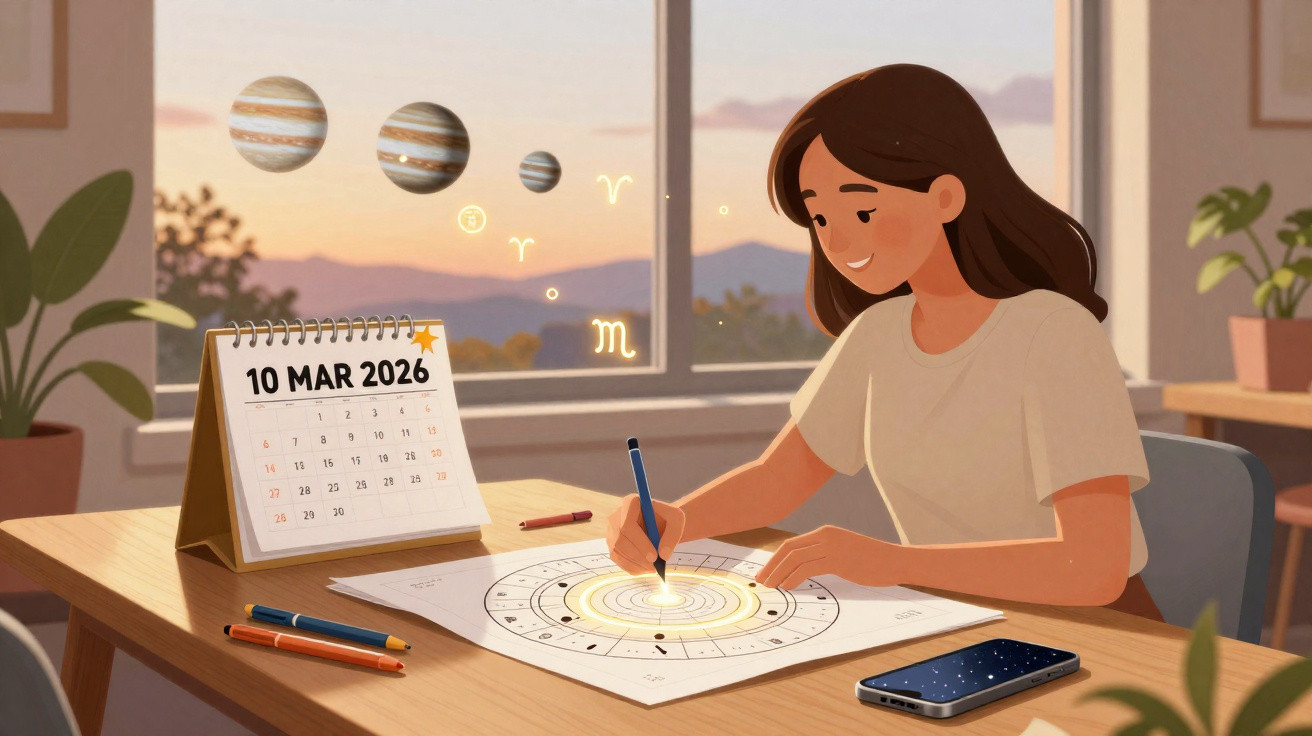 Pessoa desenhando mapa astrológico com calendário a 10 de março de 2026 e elementos astronómicos ao fundo.