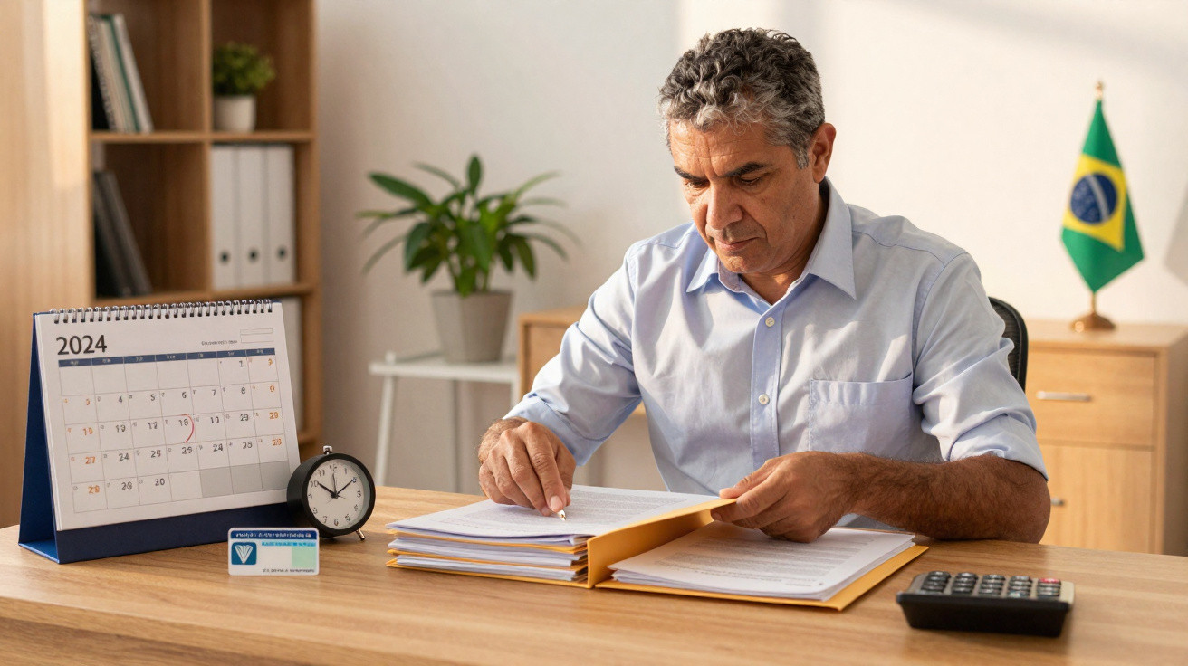 Homem a analisar documentos numa secretária com calendário, relógio, calculadora e bandeira do Brasil.