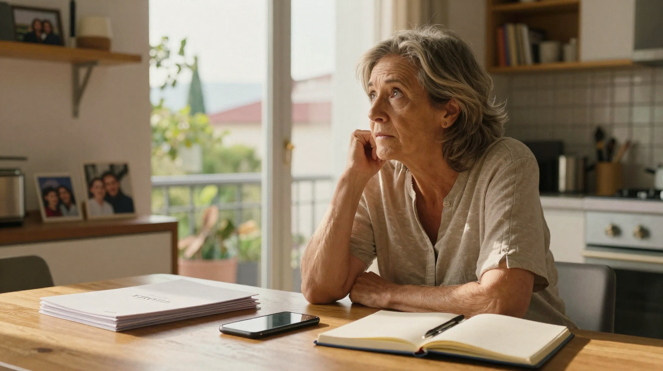 Mulher idosa pensativa sentada à mesa com caderno, telemóvel e documentos, numa cozinha iluminada.