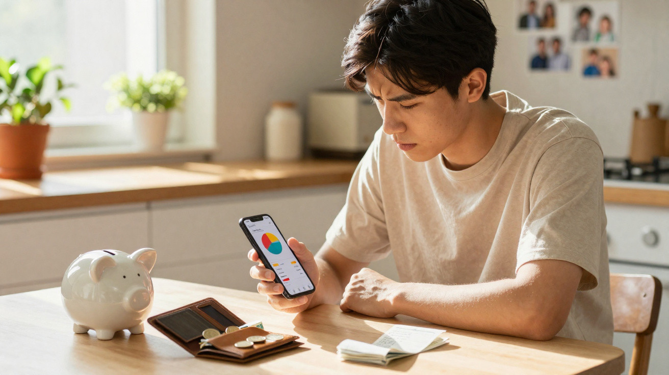 Jovem analisa gráfico de finanças no telemóvel sentado à mesa com mealheiro, carteira e notas.