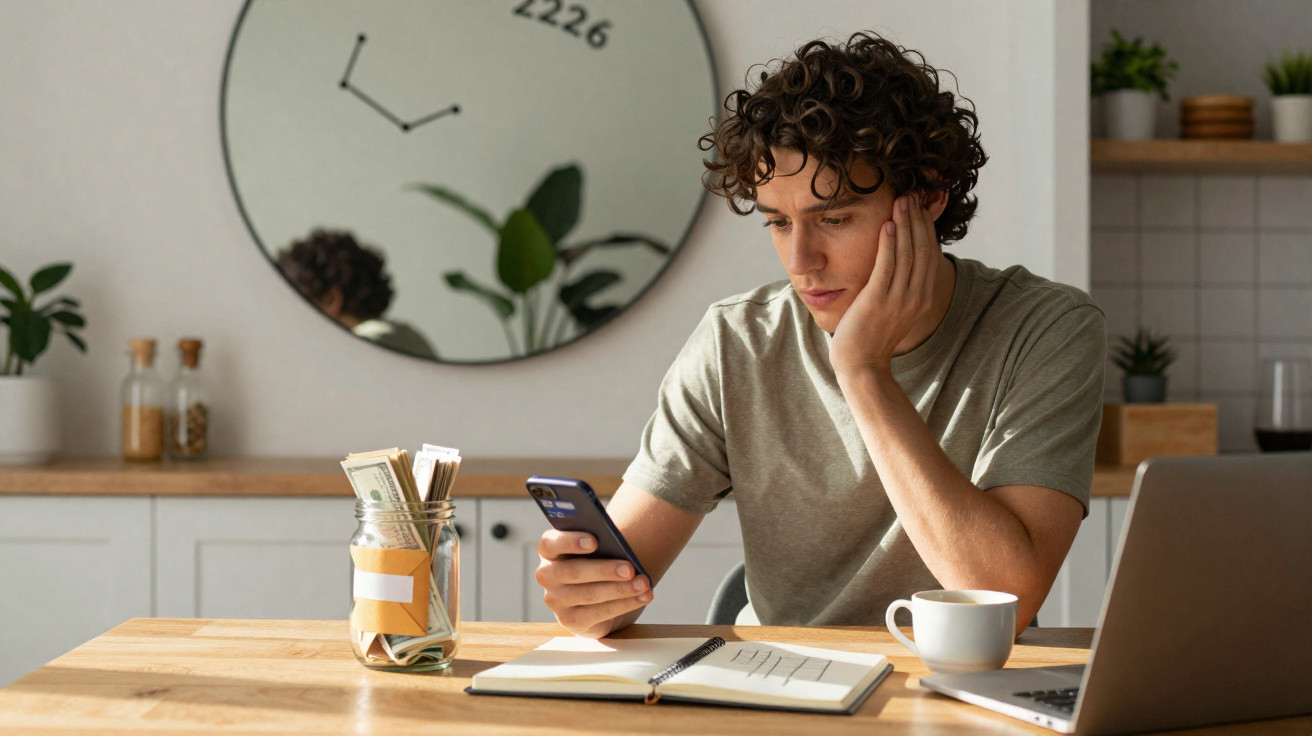 Jovem sentado à mesa numa cozinha, a olhar preocupado para o telemóvel com caderno e laptop à sua frente.