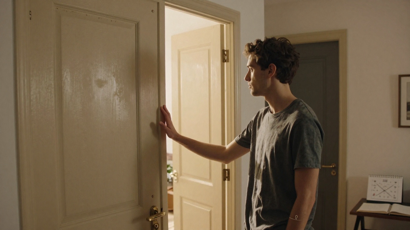 Jovem abre porta interior de uma casa, olhando para a divisão com luz natural.