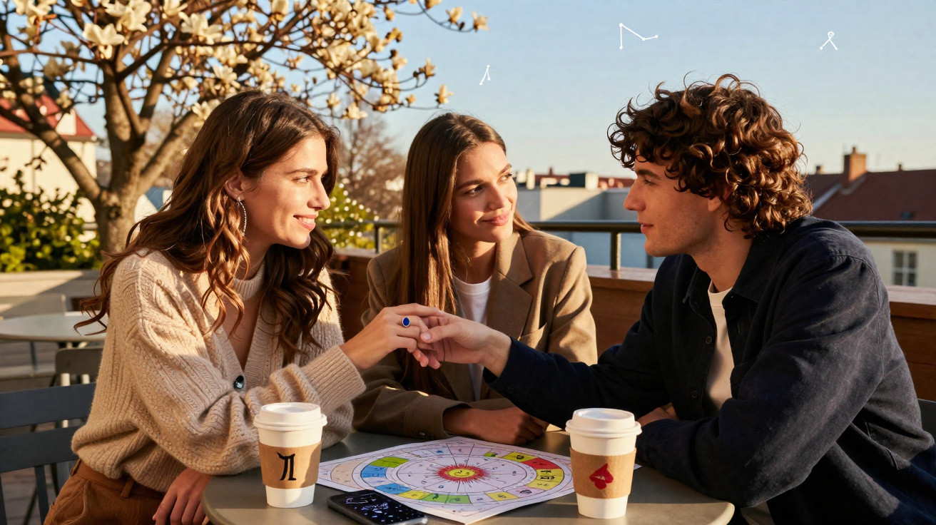 Três jovens sentados numa esplanada, com mapa astral na mesa, segurando as mãos e sorrindo ao sol.