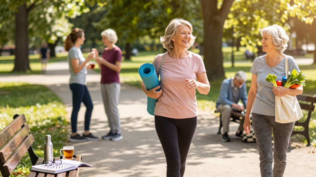 Duas mulheres séniores a caminhar num parque, uma com tapete de yoga e a outra com saco de compras de legumes.