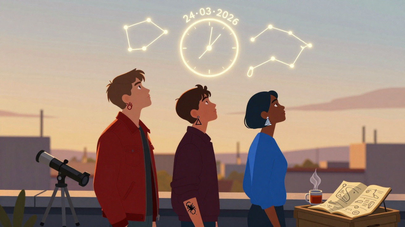 Três pessoas observam constelações e um relógio com data iluminados no céu ao pôr do sol.
