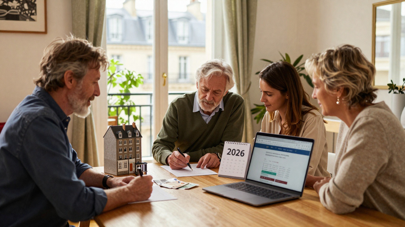 Quatro pessoas a discutir finanças e imóveis numa mesa com documentos, dinheiro e calendário de 2026.