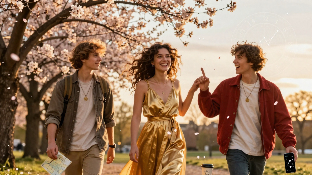 Três jovens a caminhar felizes sob árvores floridas, no pôr do sol, com roupa casual e alegre.