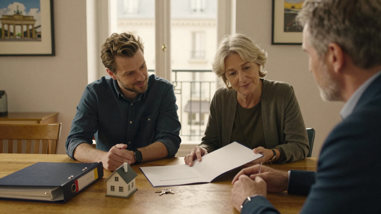 Três pessoas numa mesa a analisar documento, com chave e miniatura de casa, em ambiente de escritório.
