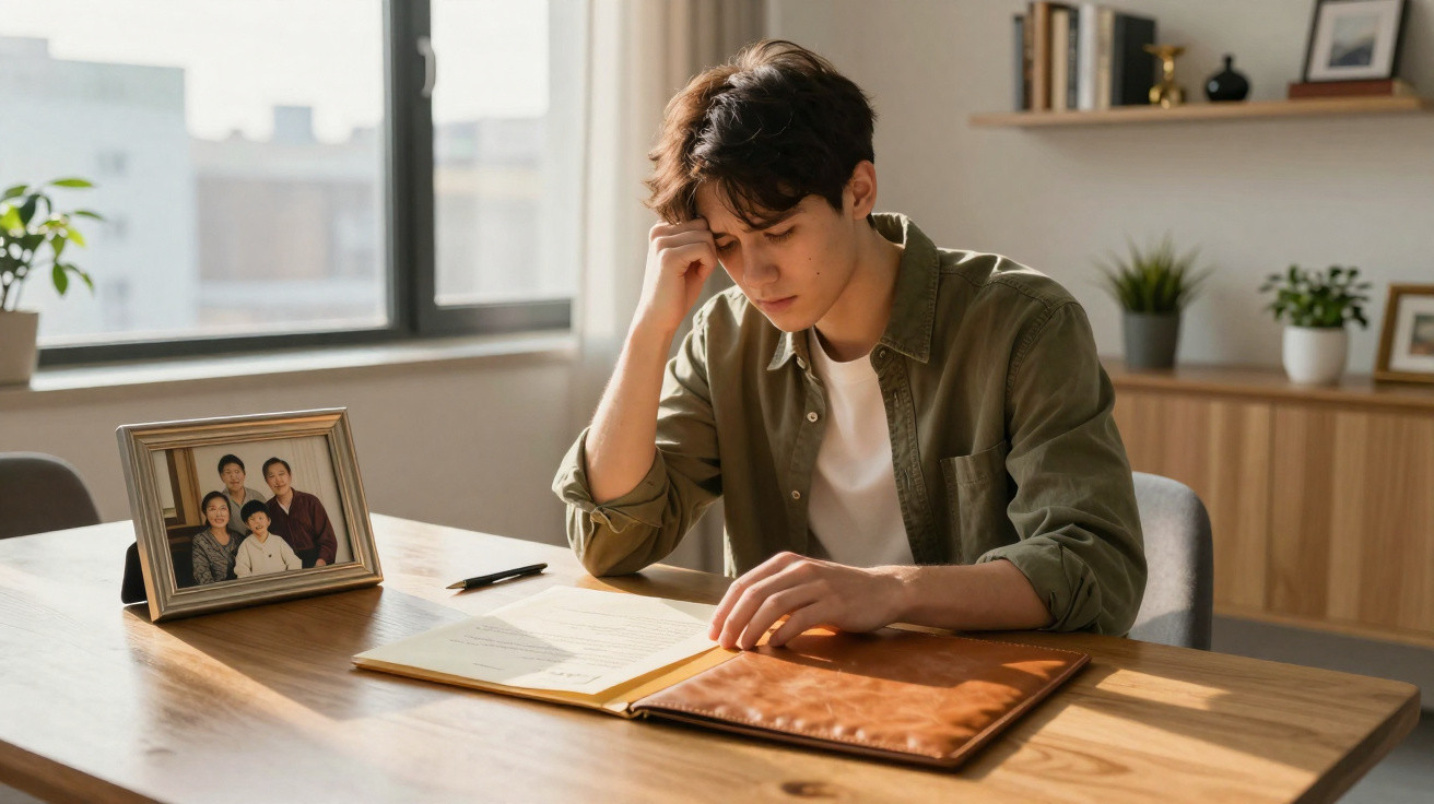Jovem sentado à mesa a ler um livro, com foto de família e acessórios decorativos ao fundo.