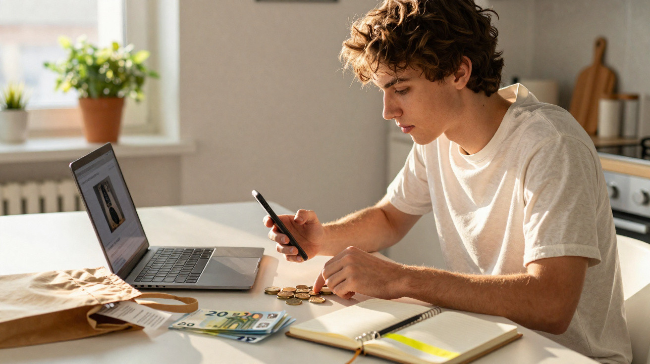 Jovem sentado à mesa a contar moedas com telemóvel, computador portátil, notas e caderno à sua frente.