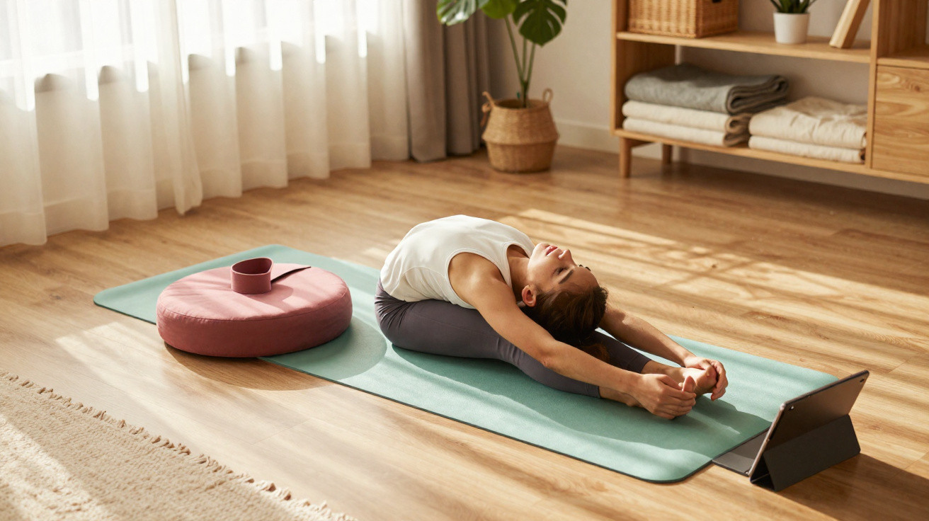Mulher a fazer alongamento sentada no chão em tapete de yoga, com tablet à frente numa sala iluminada.